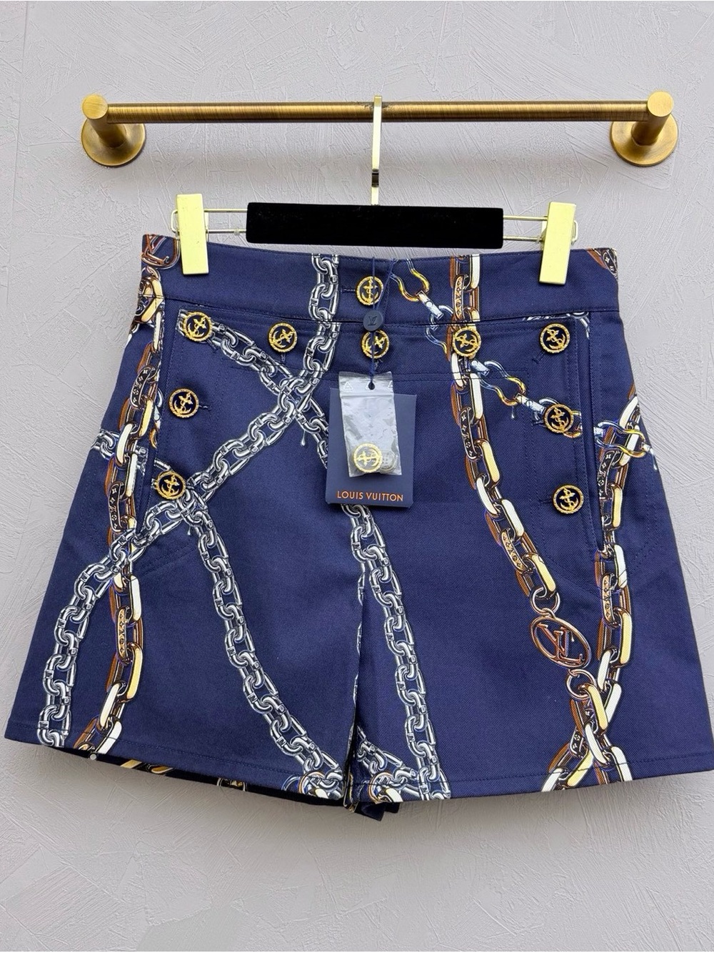 Louis Vuitton Navy Chain-Print Bermuda Shorts with Gold Accents